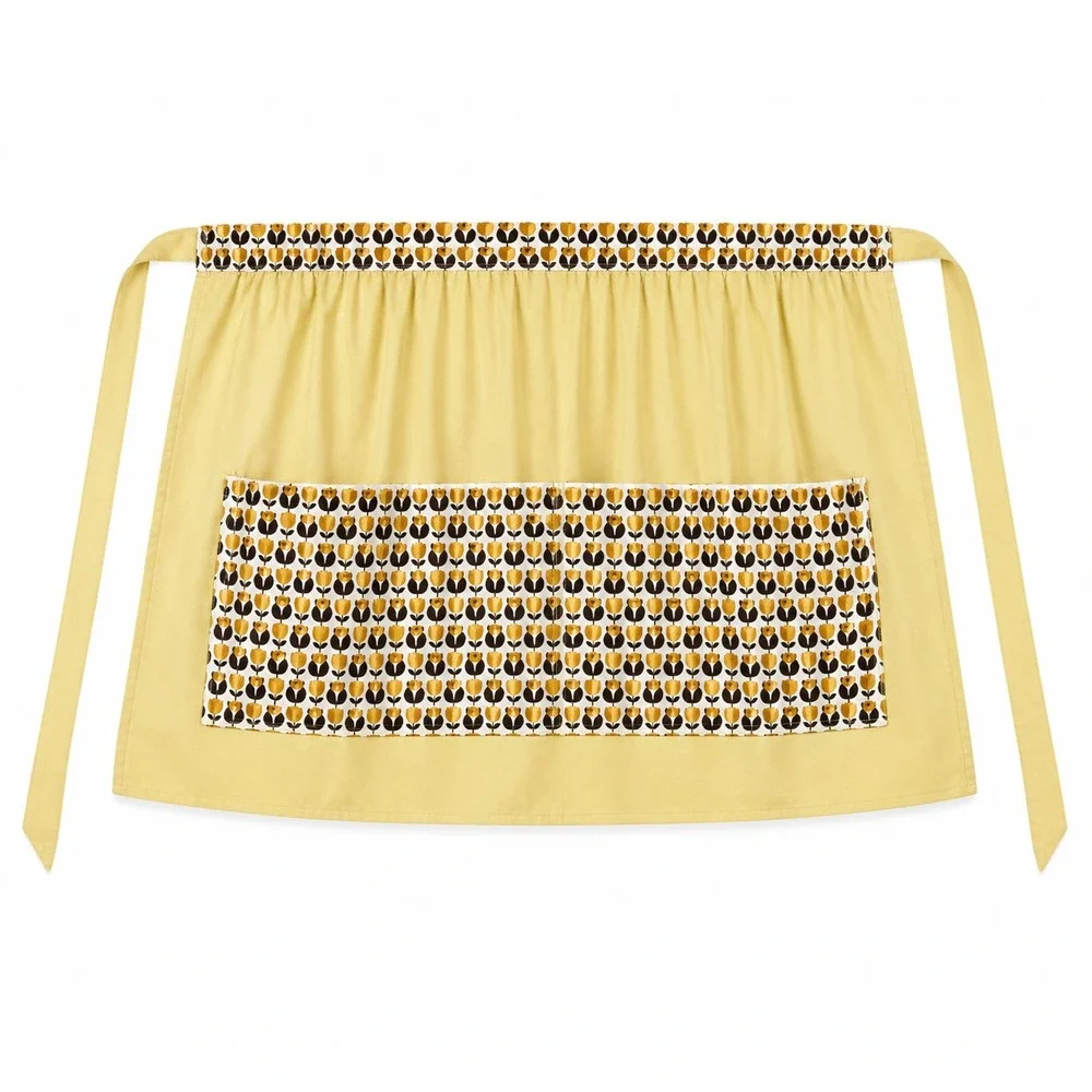Vintage 70s Handmade Half Apron‎ Yellow Brown Floral Pocket Retro Cottagecore